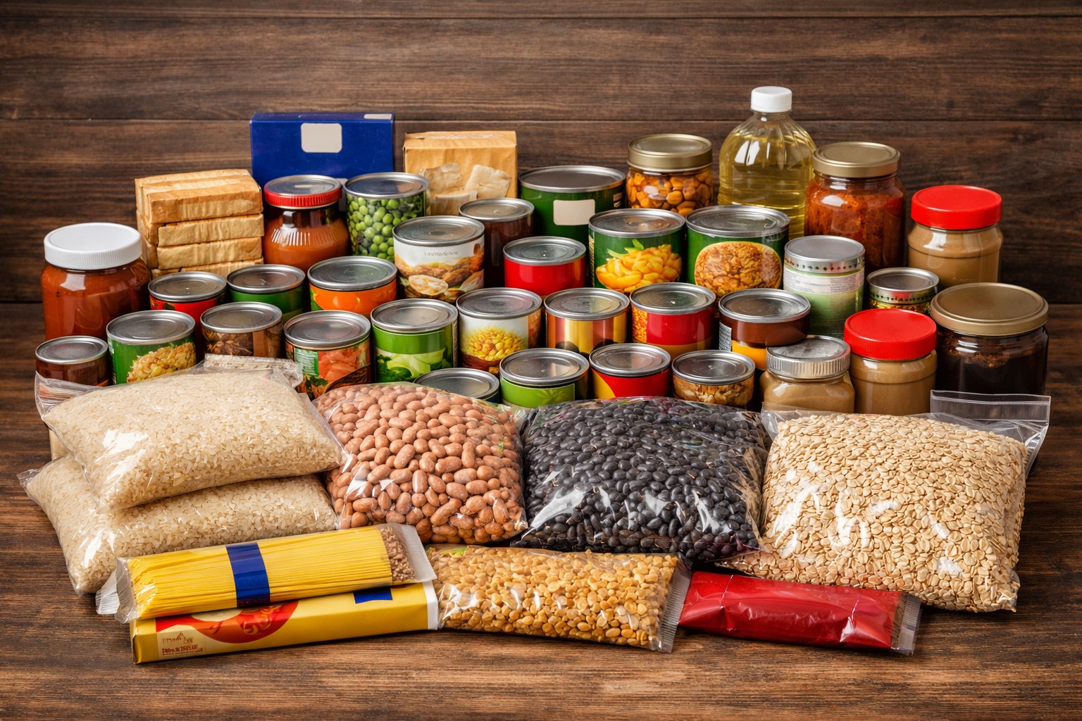 30-day emergency food supply with rice, beans, canned foods, pasta, oats, and shelf-stable staples arranged for preparedness planning