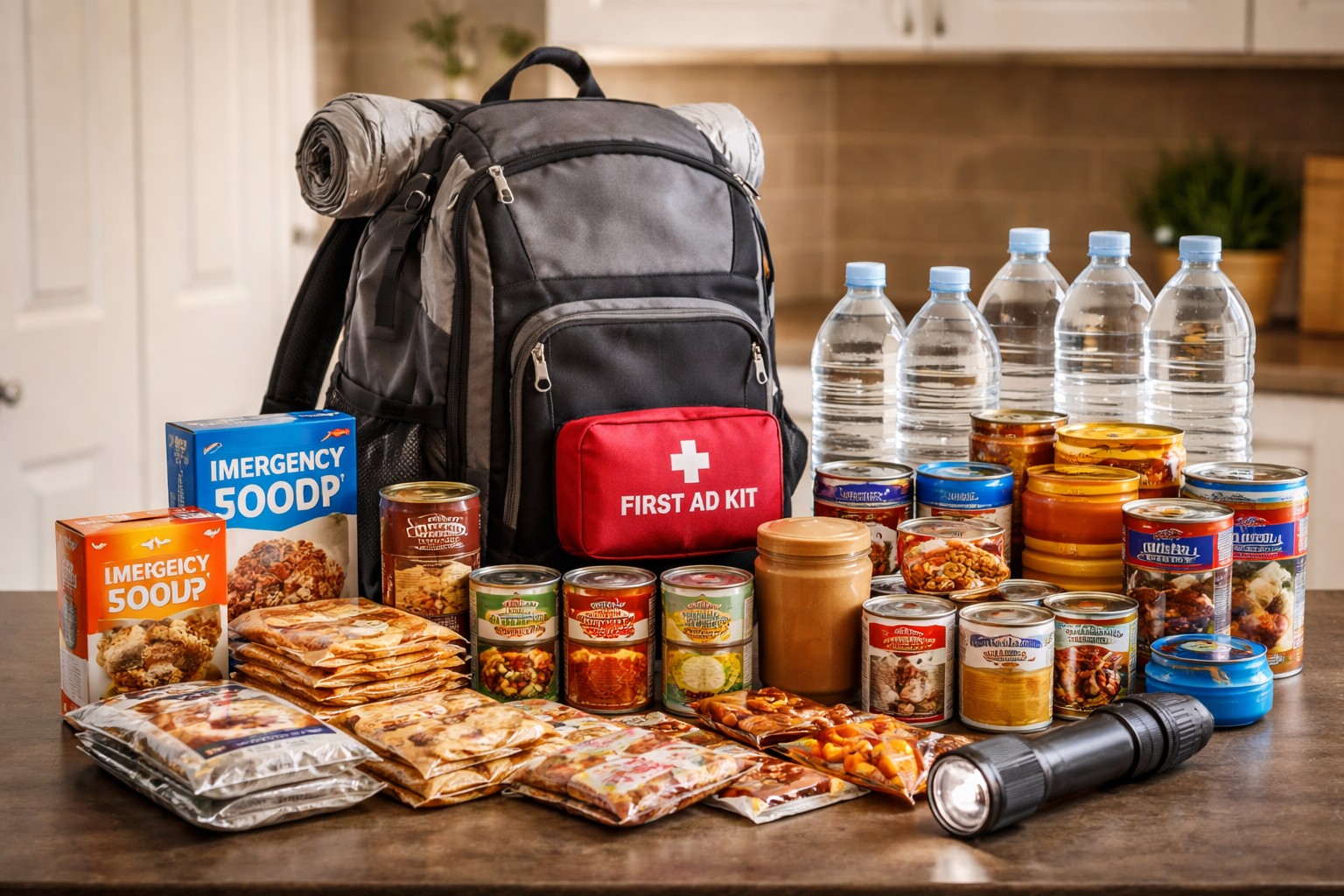 72-hour emergency food supply kit with backpack, canned foods, energy bars, crackers, and bottled water for disaster preparedness