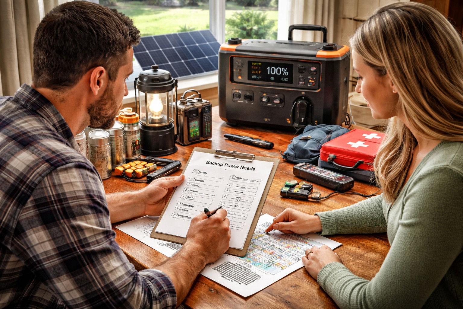 Household planning emergency backup power needs using a portable power station and preparedness checklist