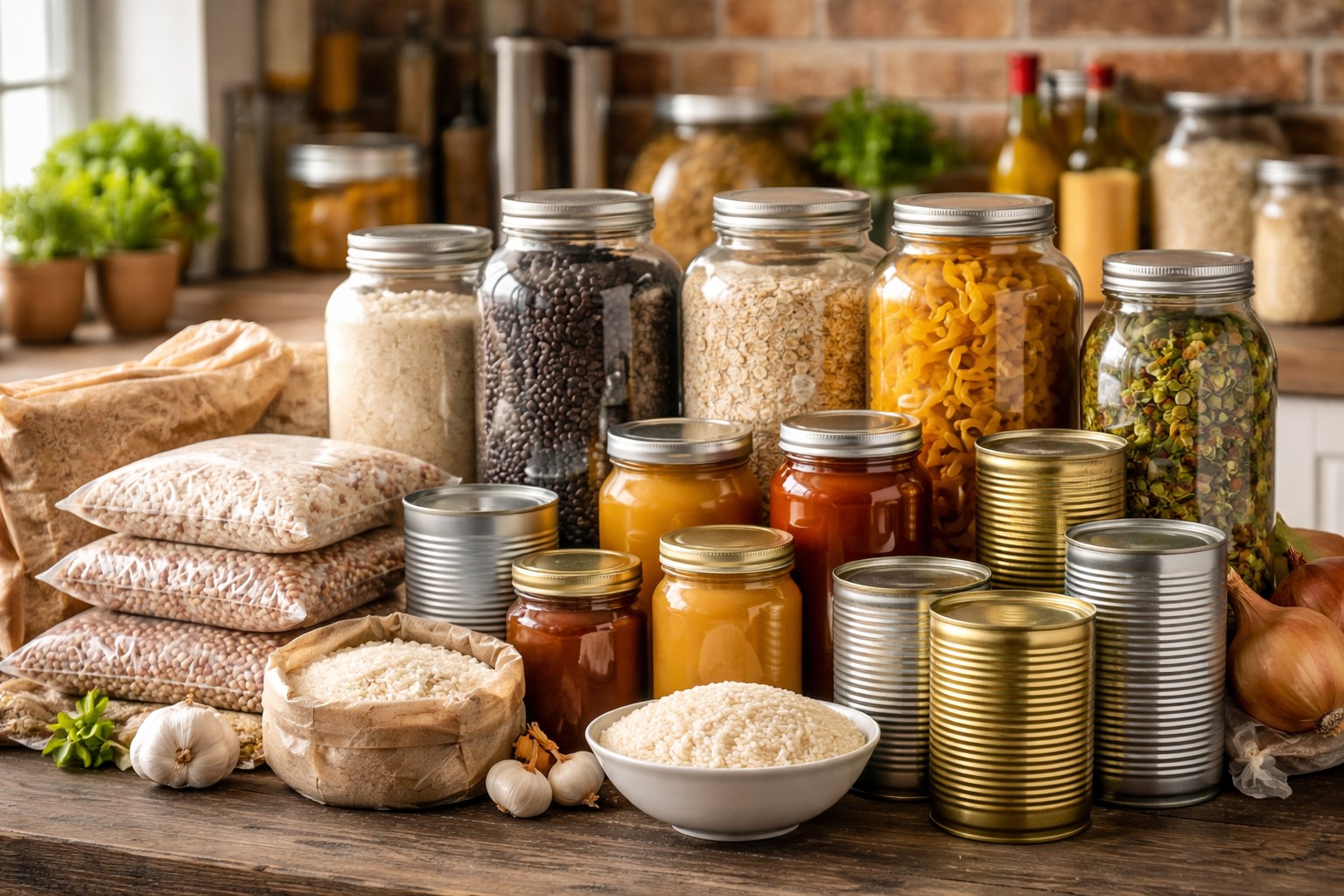 Staple emergency storage foods including rice, beans, oats, pasta, and canned goods arranged for long-term preparedness
