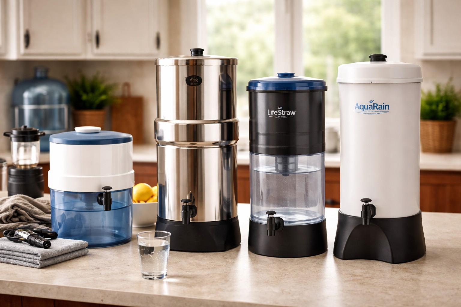multiple gravity water filters including stainless steel and plastic countertop systems displayed for emergency preparedness comparison