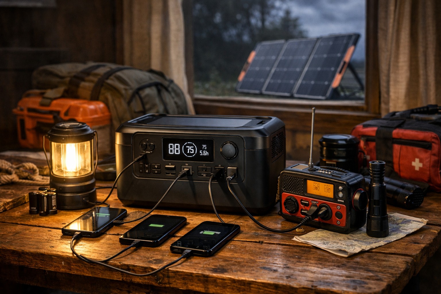 Portable power station powering phones, radio, and lantern during a home emergency preparedness setup