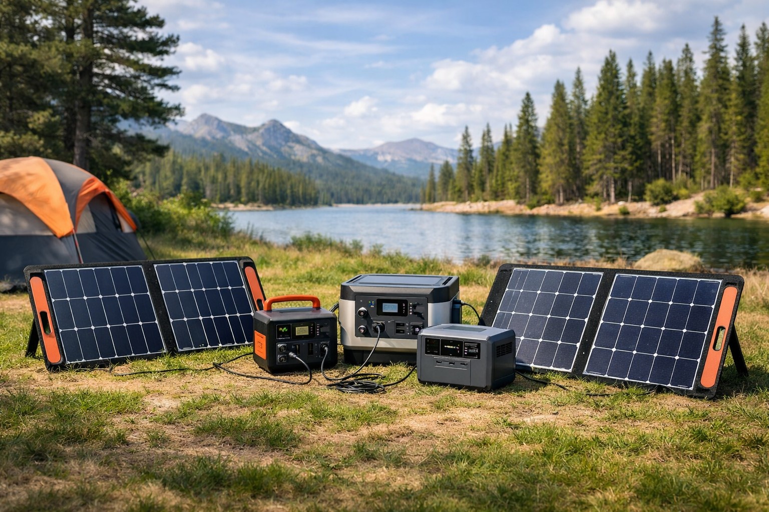 Portable solar panels charging portable power stations during an emergency preparedness power setup