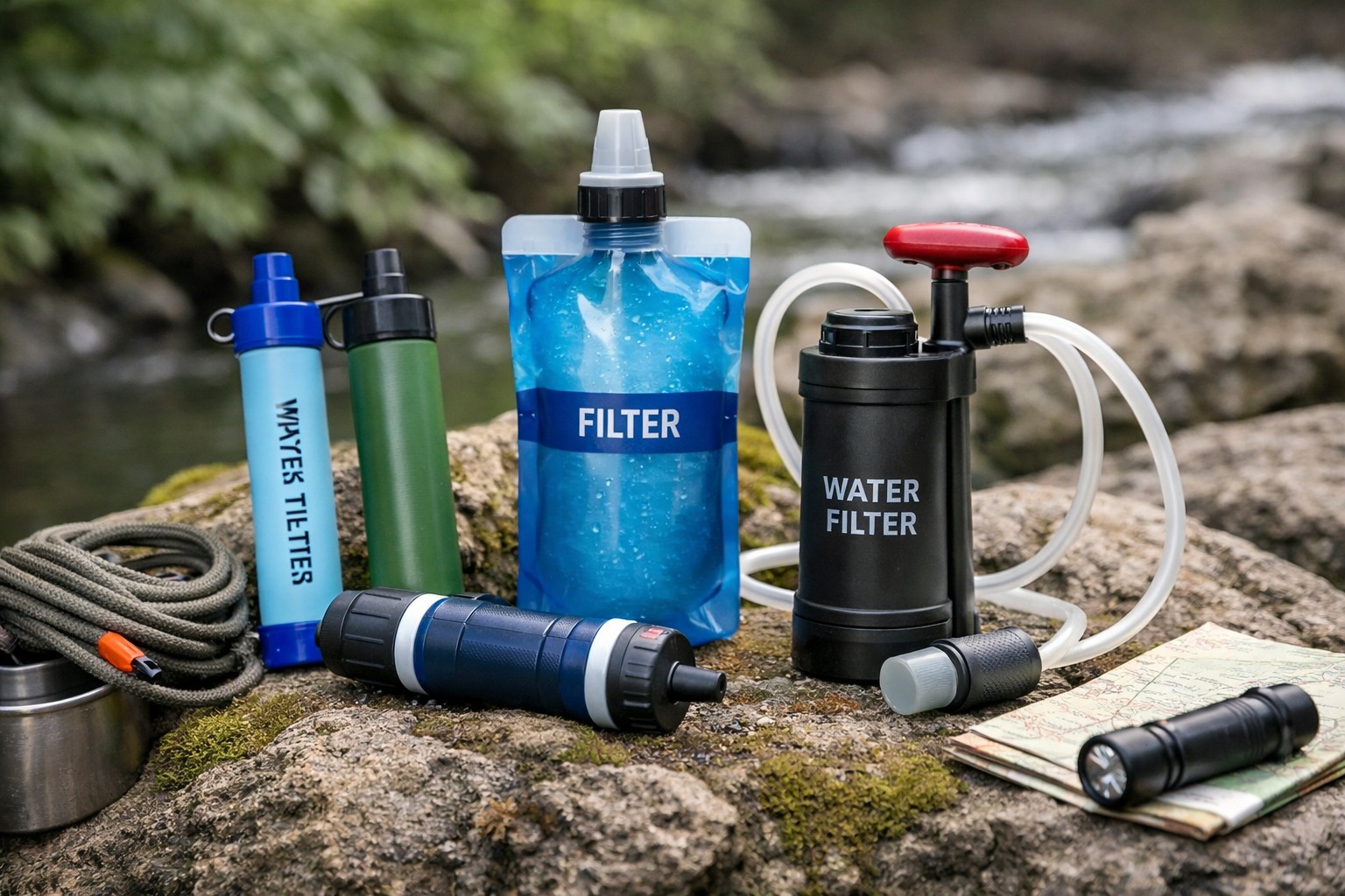 portable water filters including straw filters, squeeze filter, and pump filter arranged near stream for emergency preparedness