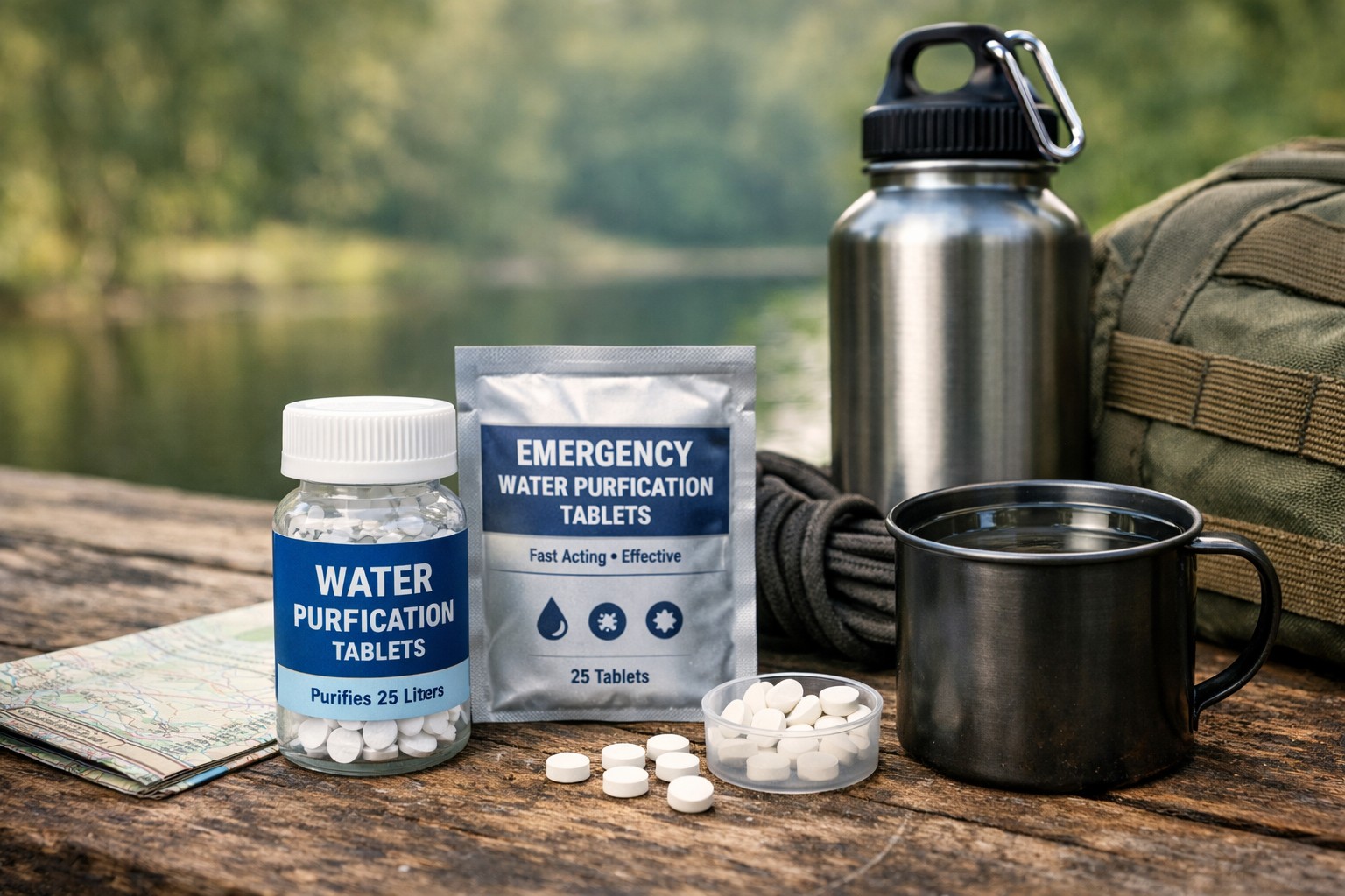 water purification tablets with bottle, packet, and tablets next to metal water bottle and cup in outdoor emergency preparedness setting