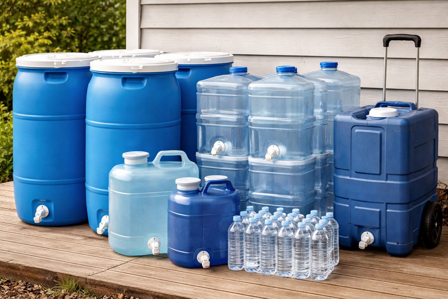 emergency water storage containers including large water barrels, stackable containers, portable jugs, and bottled water arranged for preparedness planning