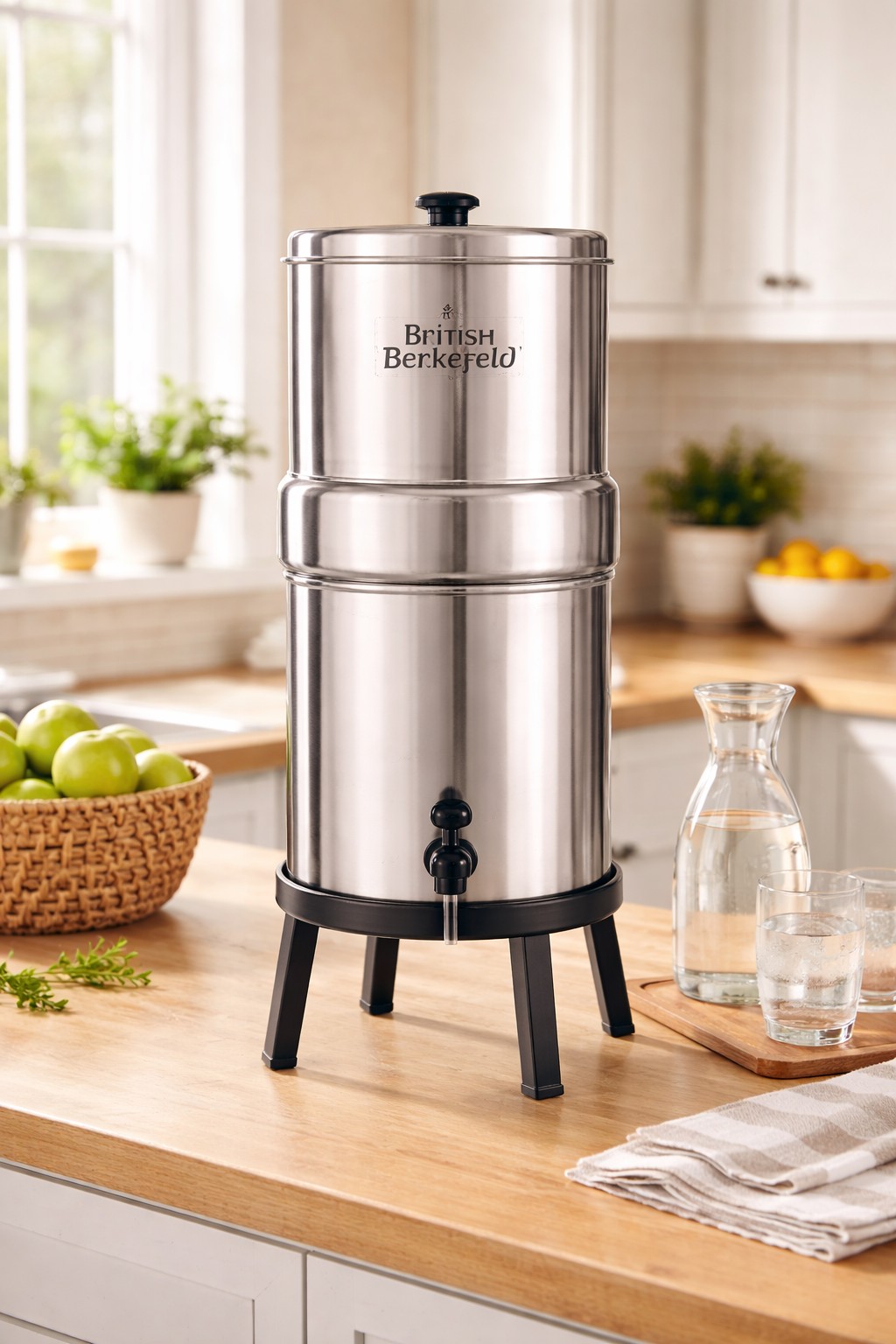 British Berkefeld stainless steel gravity-fed water filter on kitchen countertop