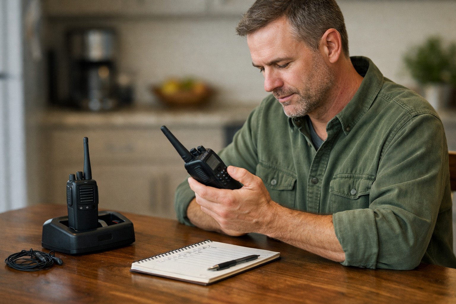 Person checking a two-way radio indoors during a communication equipment test