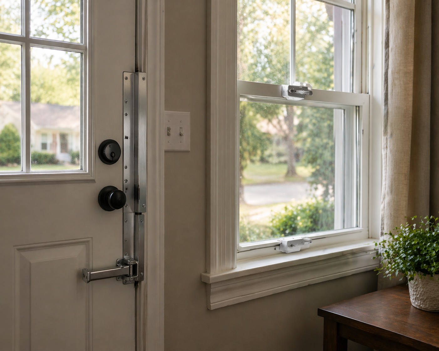 interior view secured door and window locks home security preparedness