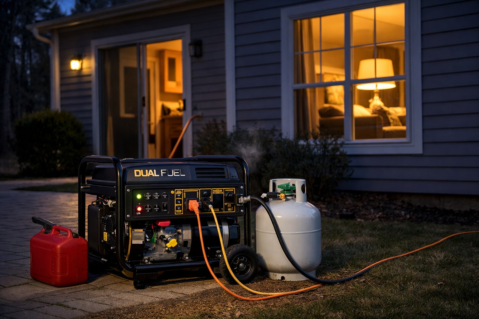dual fuel generator connected to propane tank running outside a home during power outage