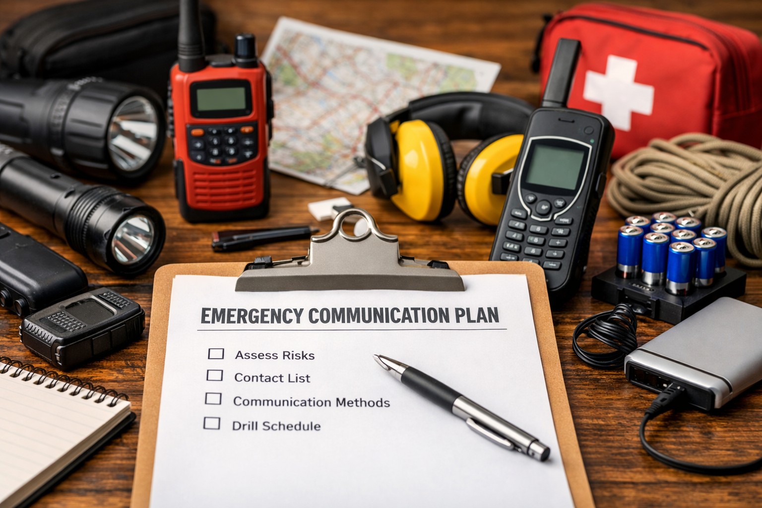 Emergency communication planning setup including radios backup batteries flashlight and contact checklist.