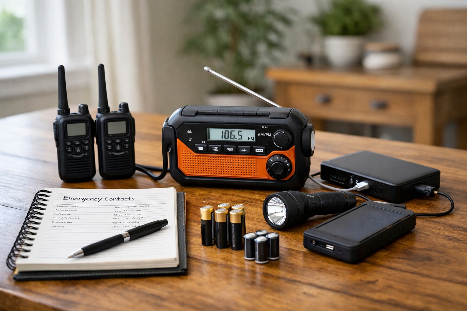 organized home emergency communication setup with radio, walkie talkies, flashlight, batteries and backup power