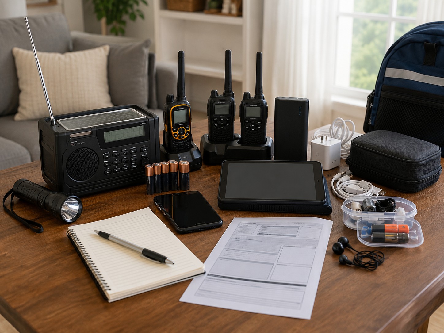 Emergency communication systems setup with radio phone batteries and contact plan