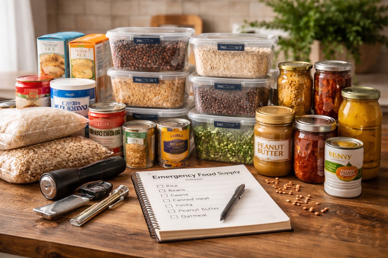 Emergency food storage planning with rice, beans, canned goods, and preparedness checklist on a kitchen table