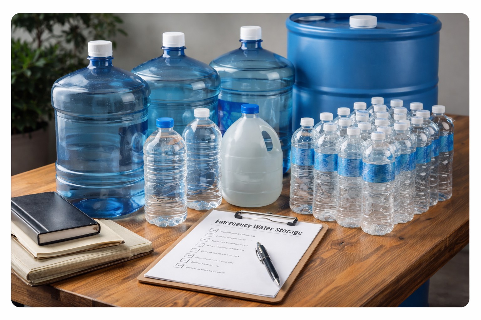 emergency water storage containers including large water jugs, bottled water, and a 55 gallon water barrel arranged with a preparedness checklist