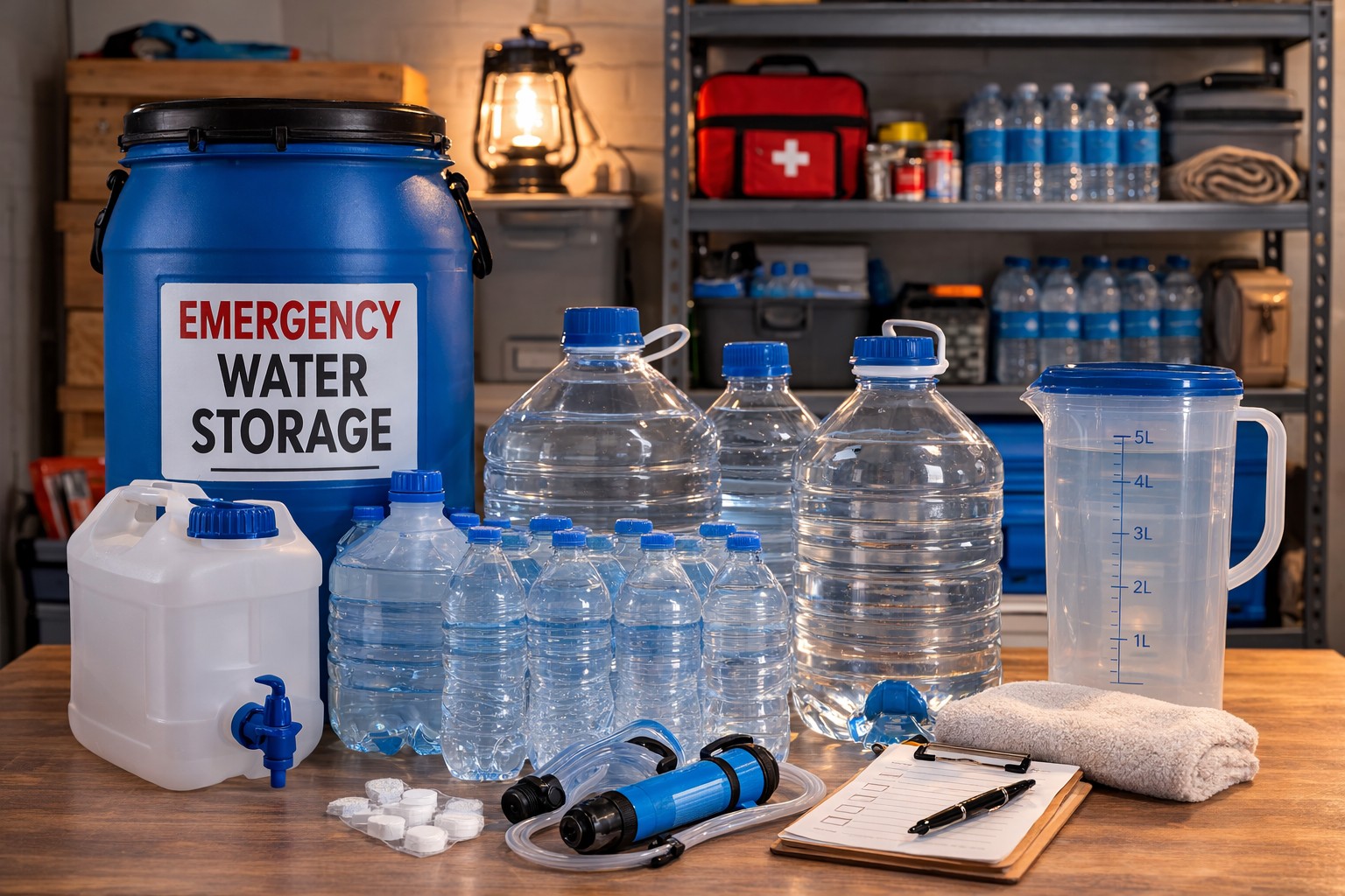 emergency water storage containers including large water barrels, water jugs, bottled water, and a filtration system arranged for preparedness planning