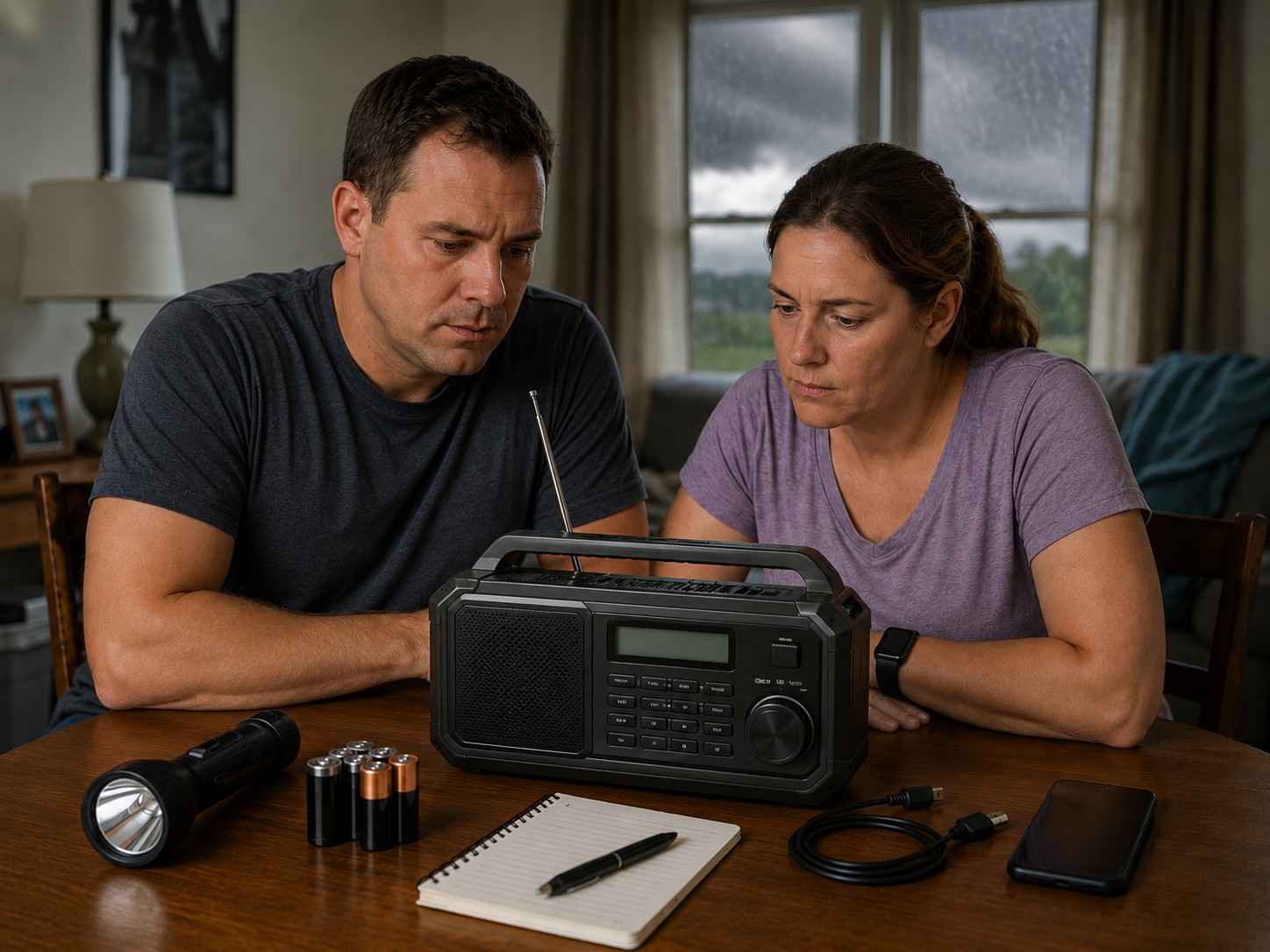 Husband and wife listening to an emergency weather radio at a table with batteries, flashlight, notebook, and charging cable during storm preparation
