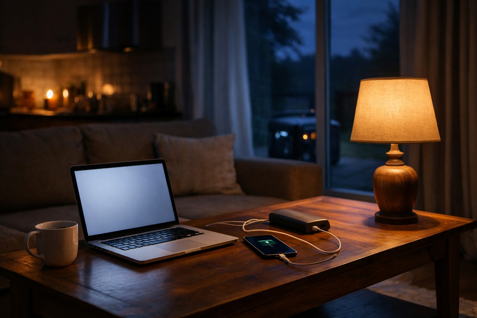 home powered during outage with inverter generator supplying electricity to lights laptop and phone