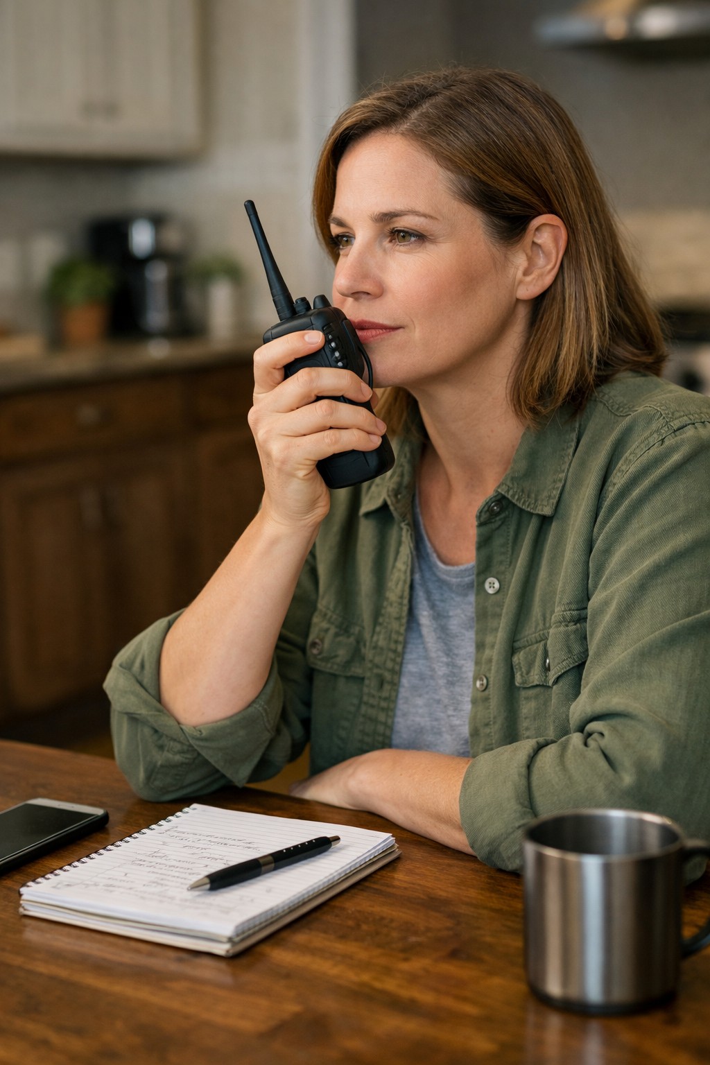 Person using a two-way radio indoors with a focused expression during emergency communication