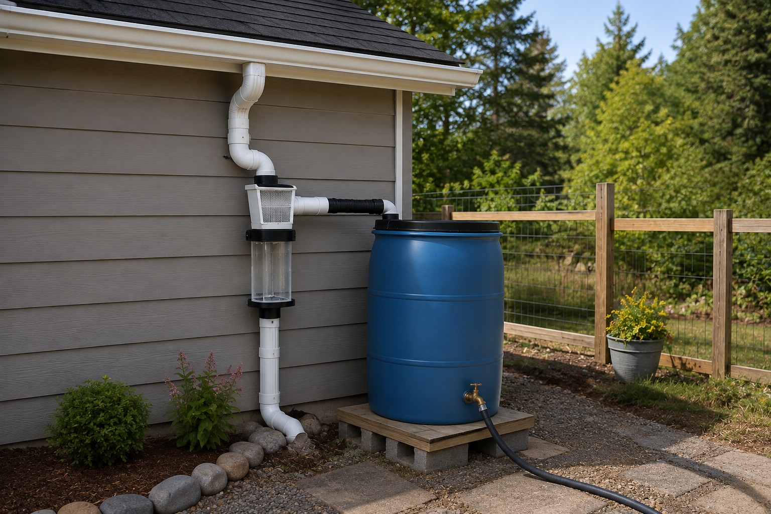 Gravity fed rainwater system with 55-gallon storage barrel, first-flush diverter, and gravity outlet