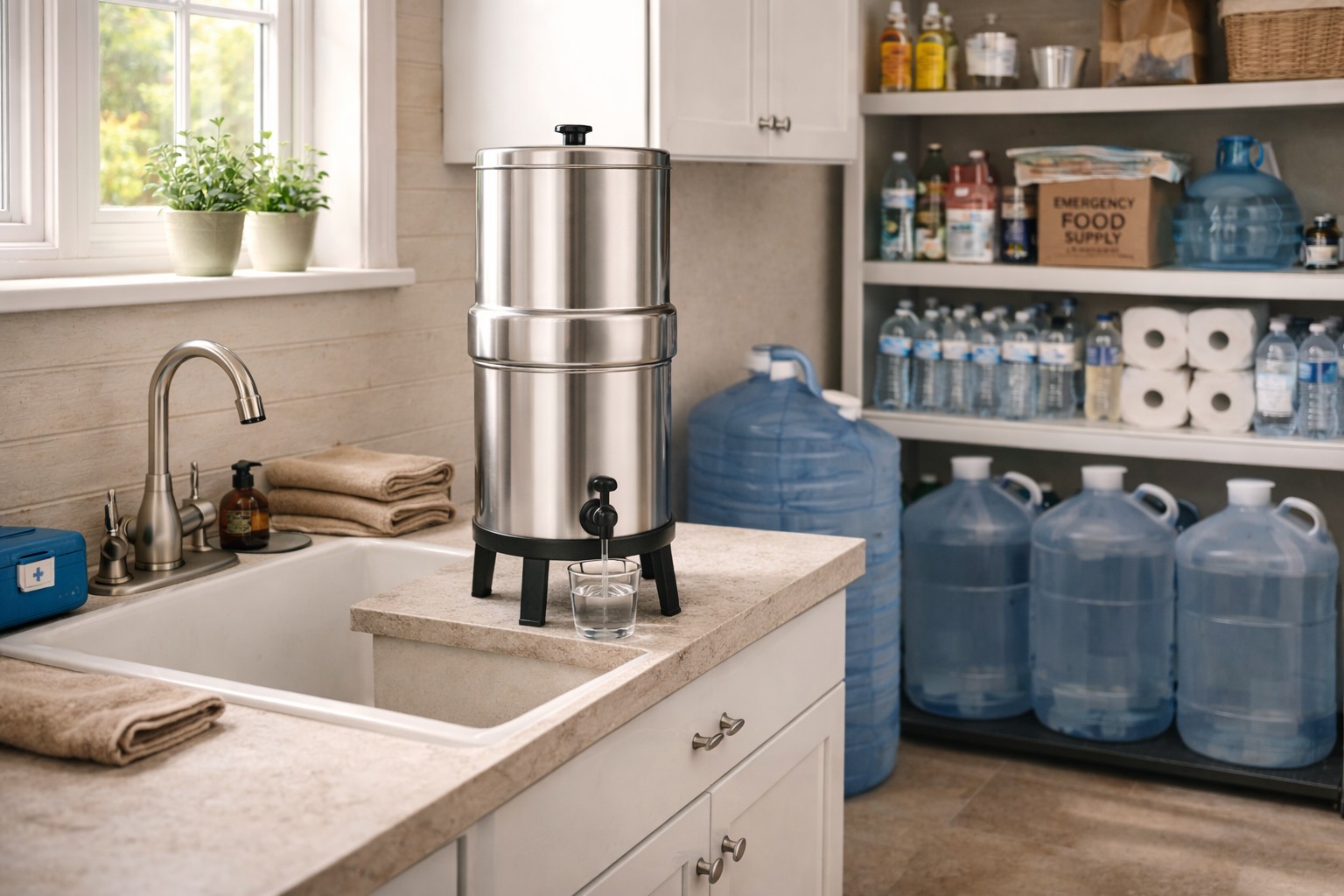 gravity-fed water filtration system in household utility room emergency preparedness setup