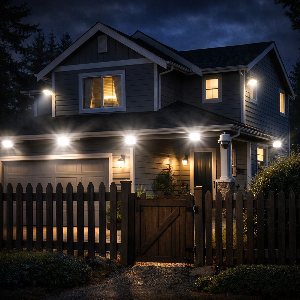 Home perimeter security lighting and surveillance setup for emergency preparedness