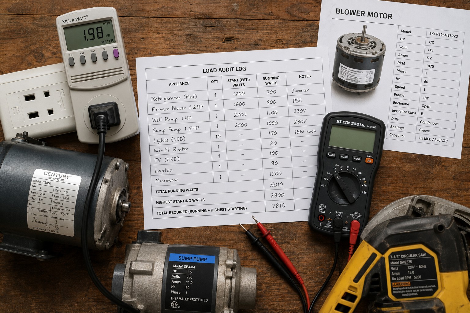 Household backup power load calculator with appliance wattage audit and electrical testing equipment