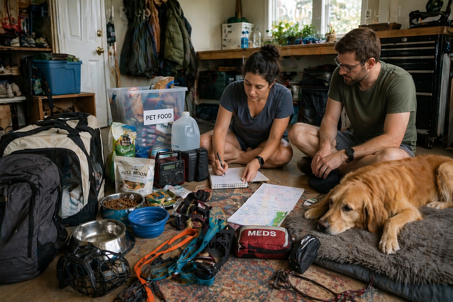 family preparing emergency plans for pets with food water carrier and household emergency supplies