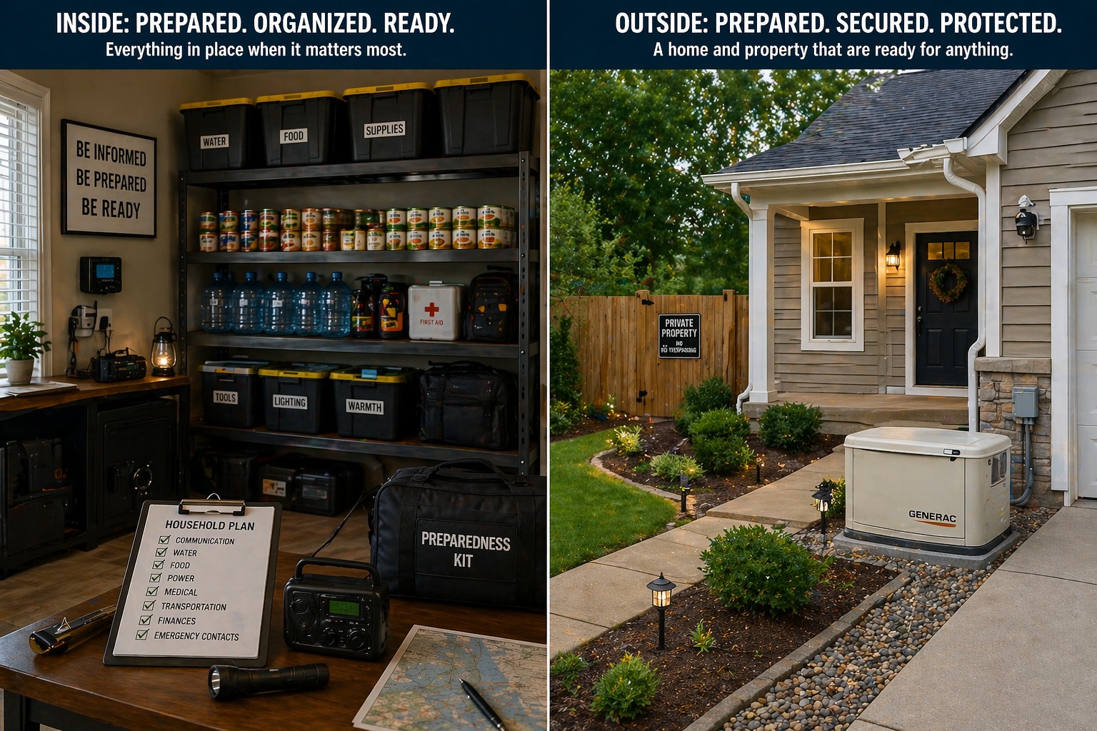 prepared home showing indoor emergency supplies and secured outdoor home systems for household readiness
