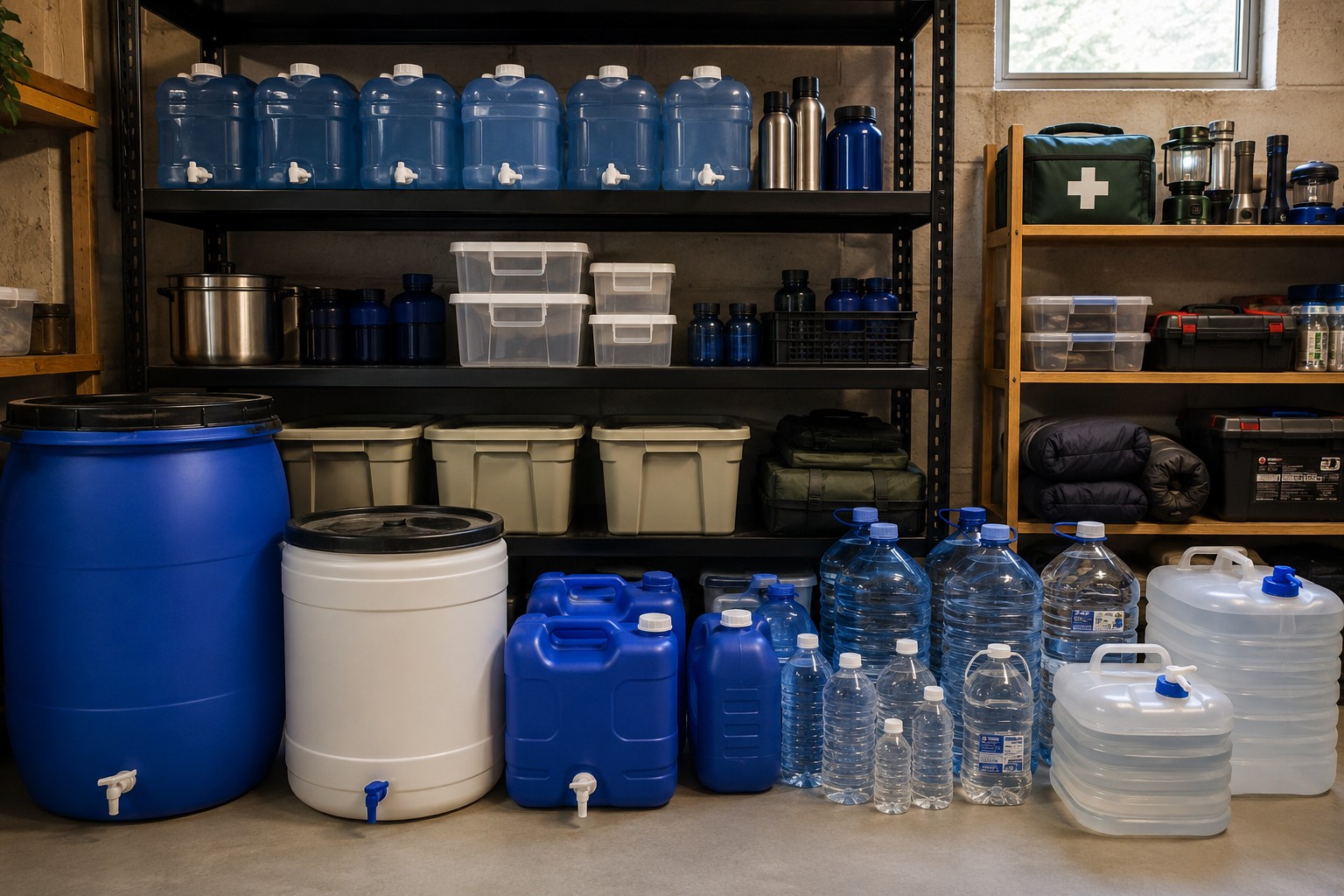 Large and small household water storage containers organized for emergency preparedness in a utility room