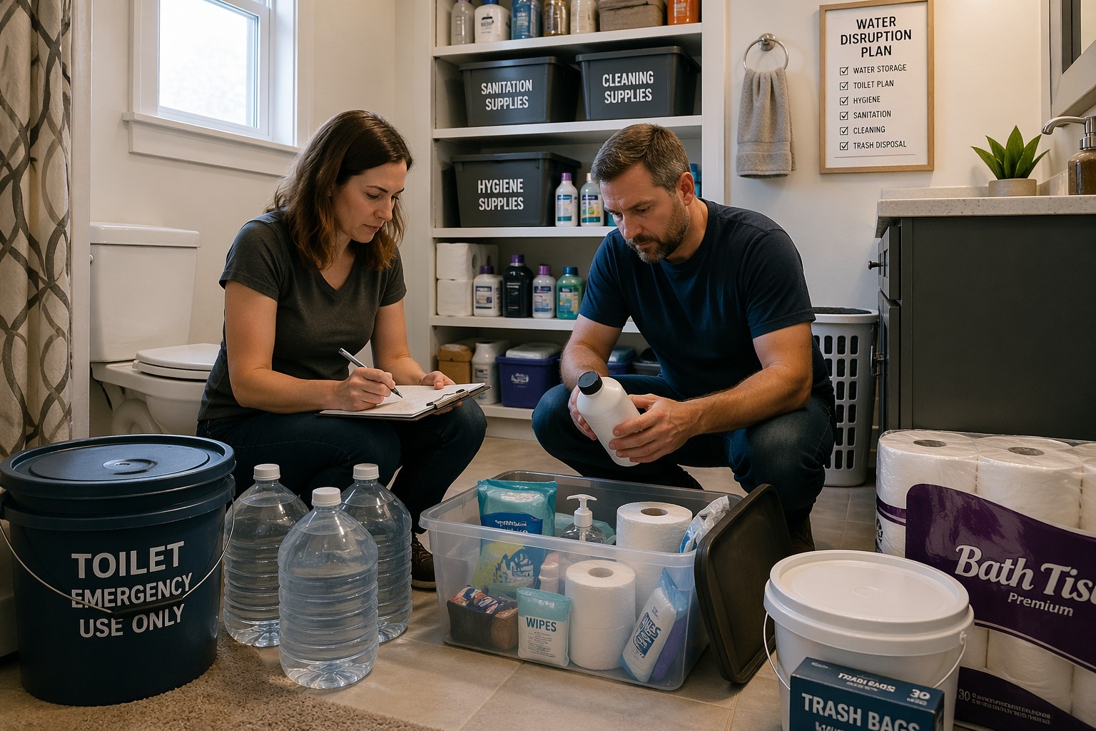 family preparing bathroom and sanitation systems for long-term water disruption with water storage and emergency supplies