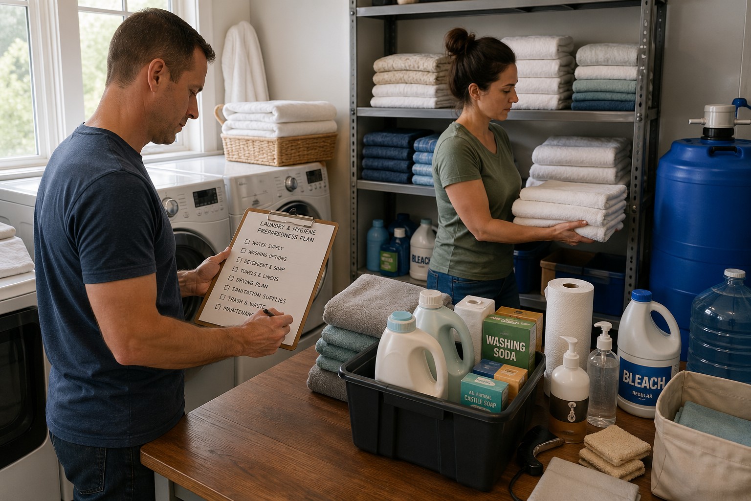 family preparing laundry room and hygiene systems for long-term water disruption with water storage and emergency supplies