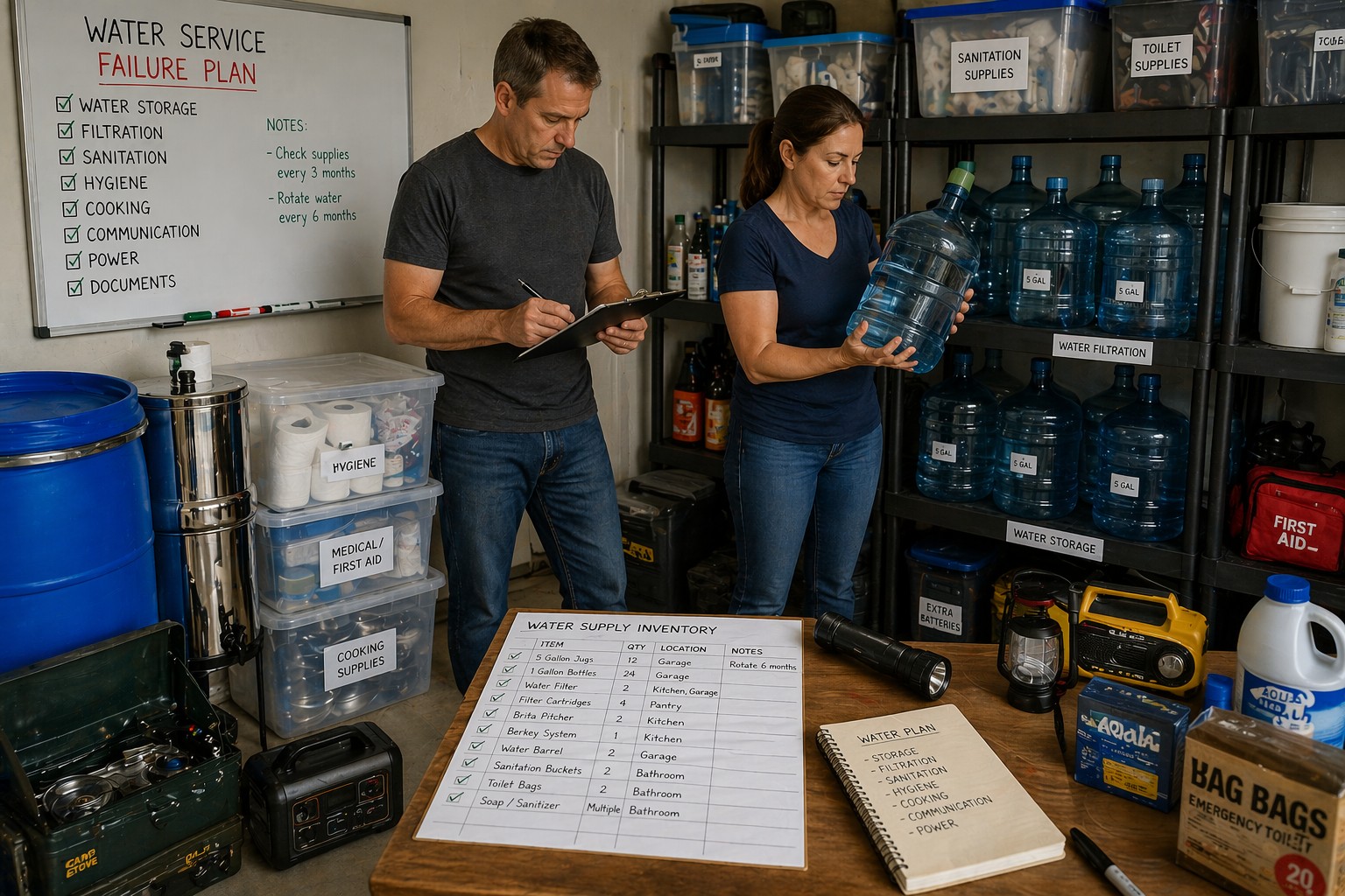 family preparing for household water service failure with water storage filtration and emergency supplies