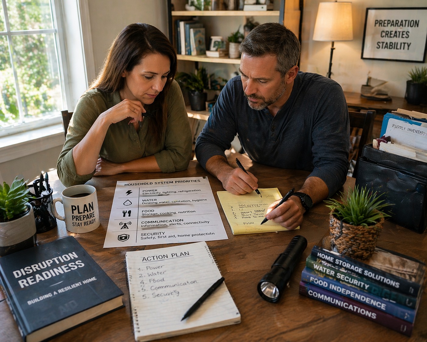 household preparedness planning priorities for power water food communication and security in a home office