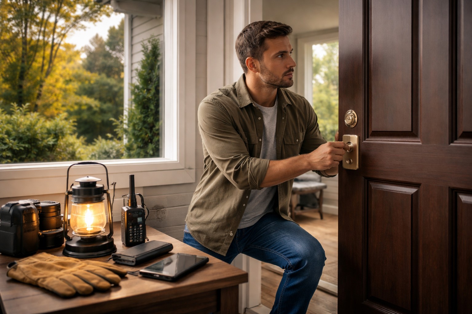 man securing front door while monitoring outside with emergency equipment on table including radio flashlight and lantern for home security during a collapse