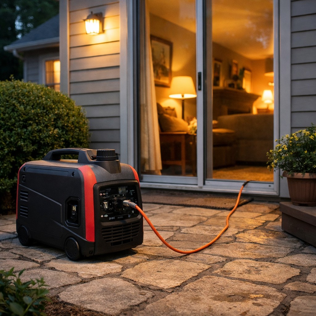 inverter generator running outside a home providing backup power during outage