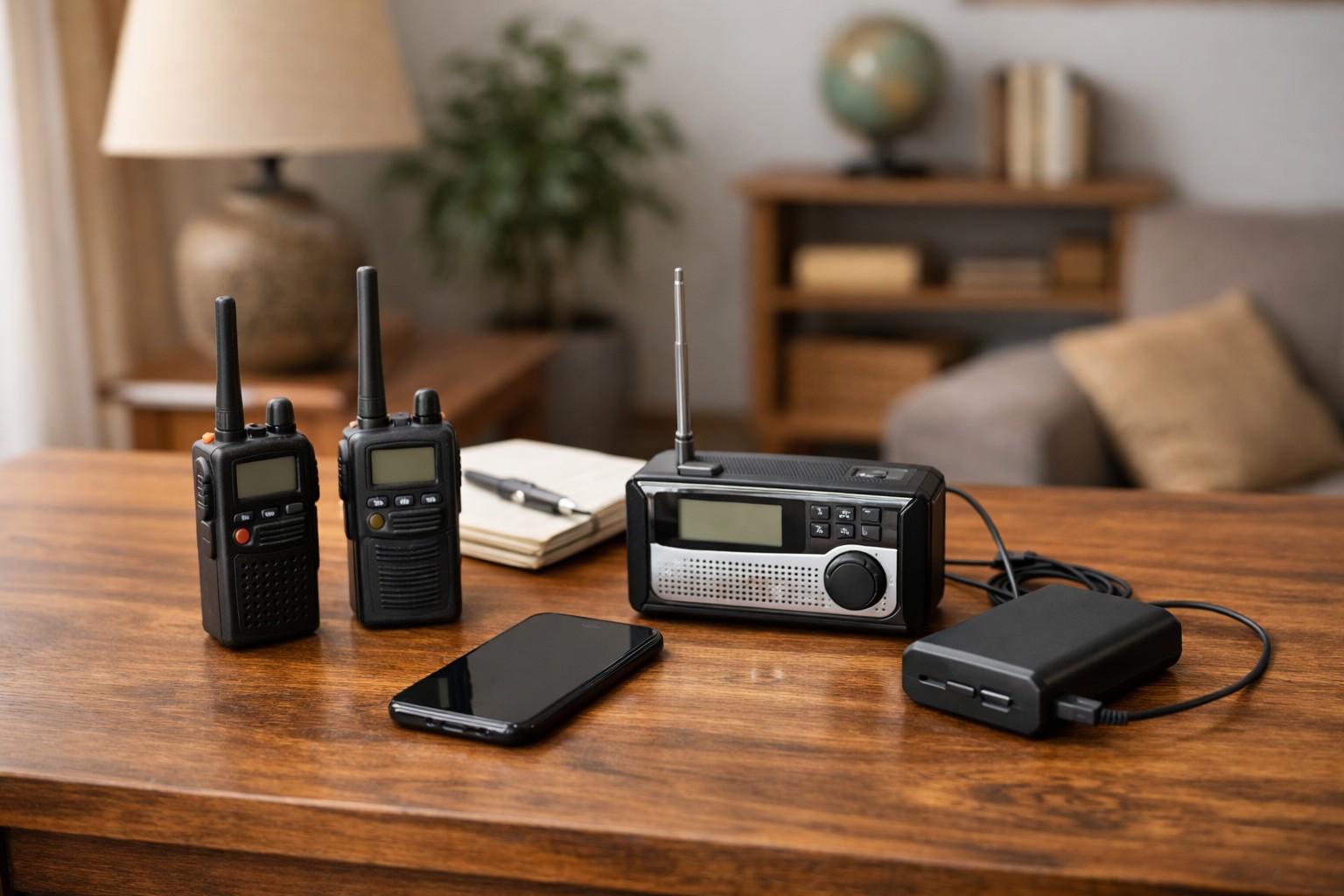 Multiple communication devices on a table including radios, phone, and backup power for emergency planning