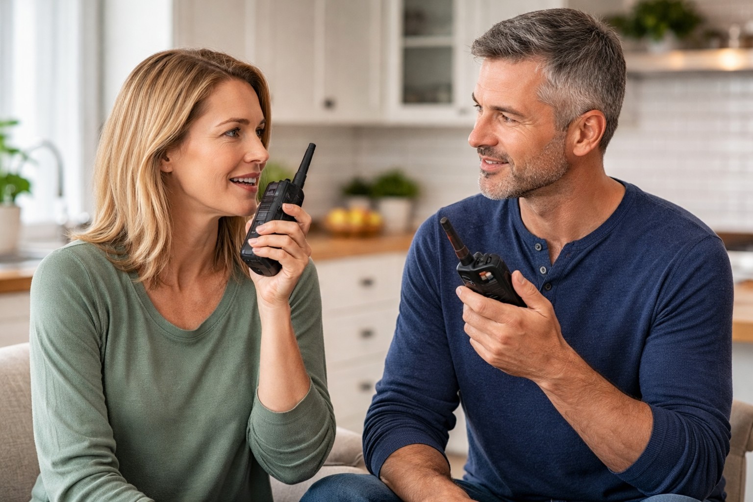 Two people using two-way radios inside a home practicing emergency communication