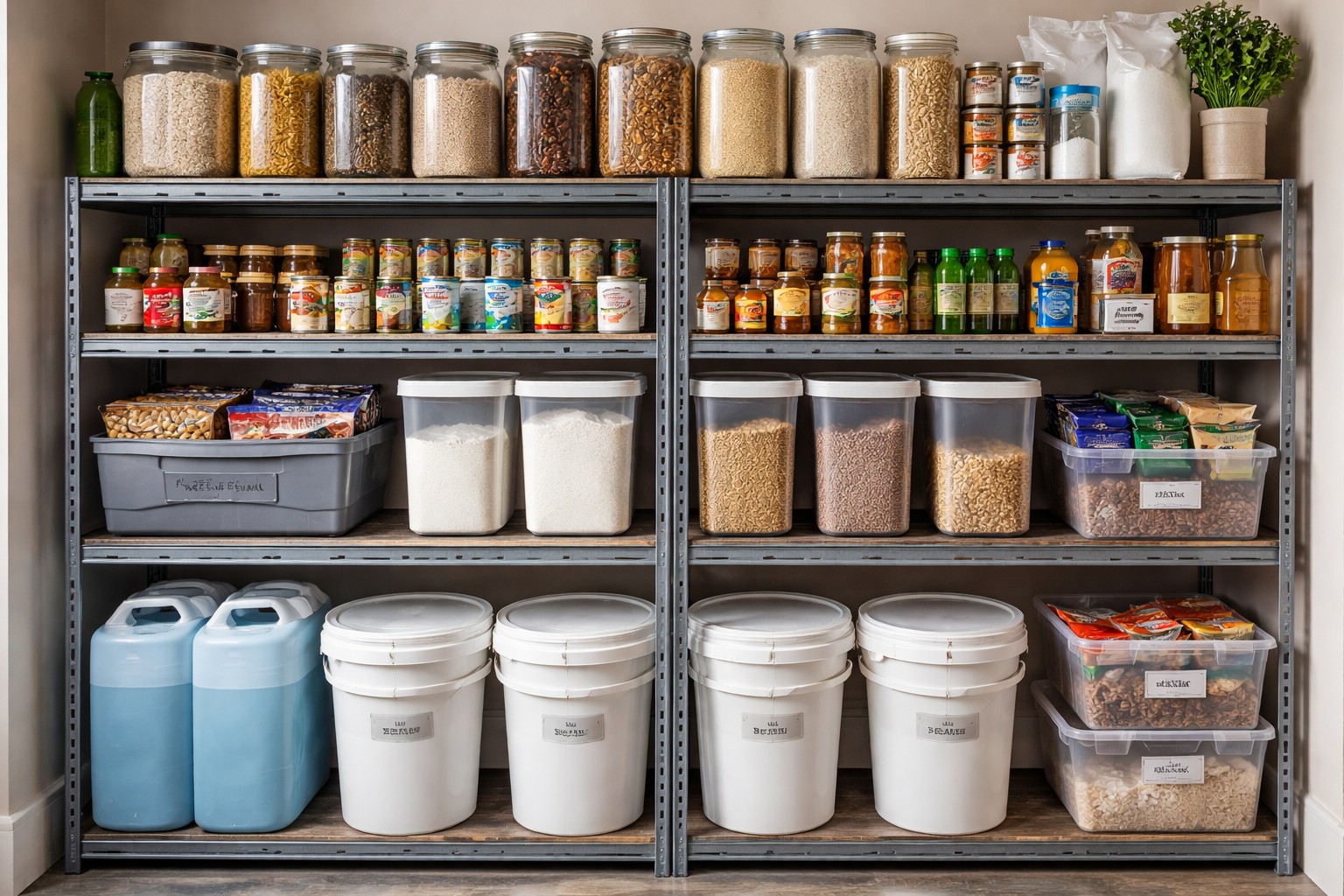 Organized long-term food storage pantry with grains, canned goods, and food buckets for emergency preparedness