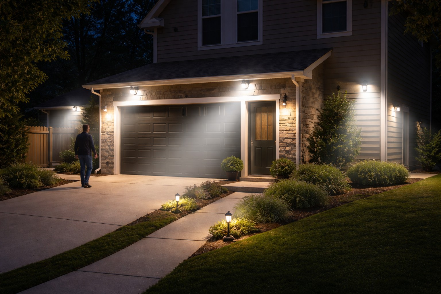 home exterior at night with multiple motion sensor lights illuminating driveway entry and side yard for home security