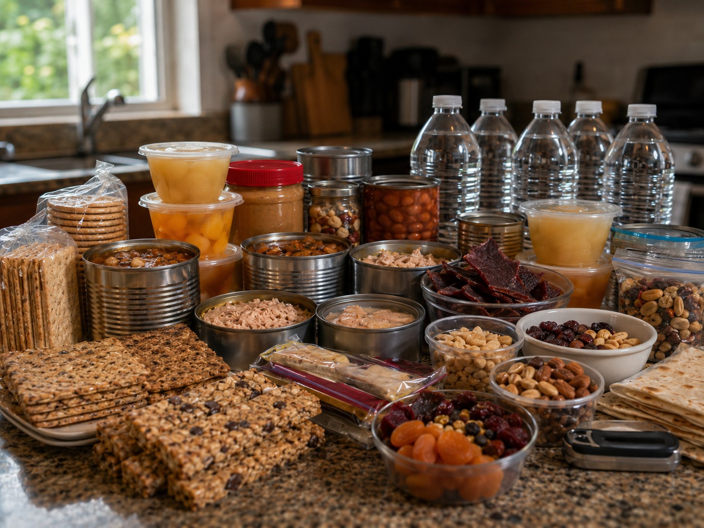 No-cook emergency foods for power outages arranged on a kitchen counter