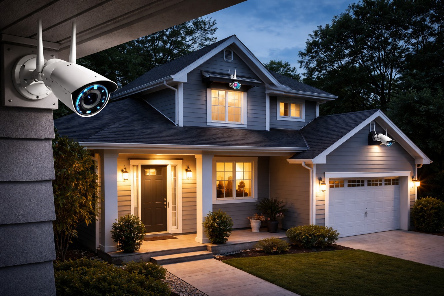 home exterior with multiple outdoor security cameras mounted on walls monitoring driveway entry and perimeter for home security