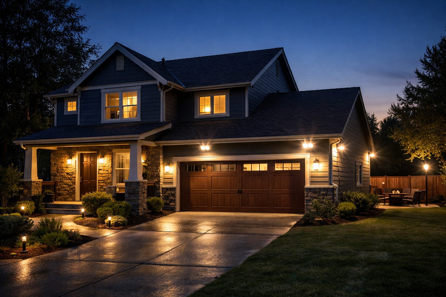 home exterior with outdoor security lights illuminating entry points and yard for perimeter security