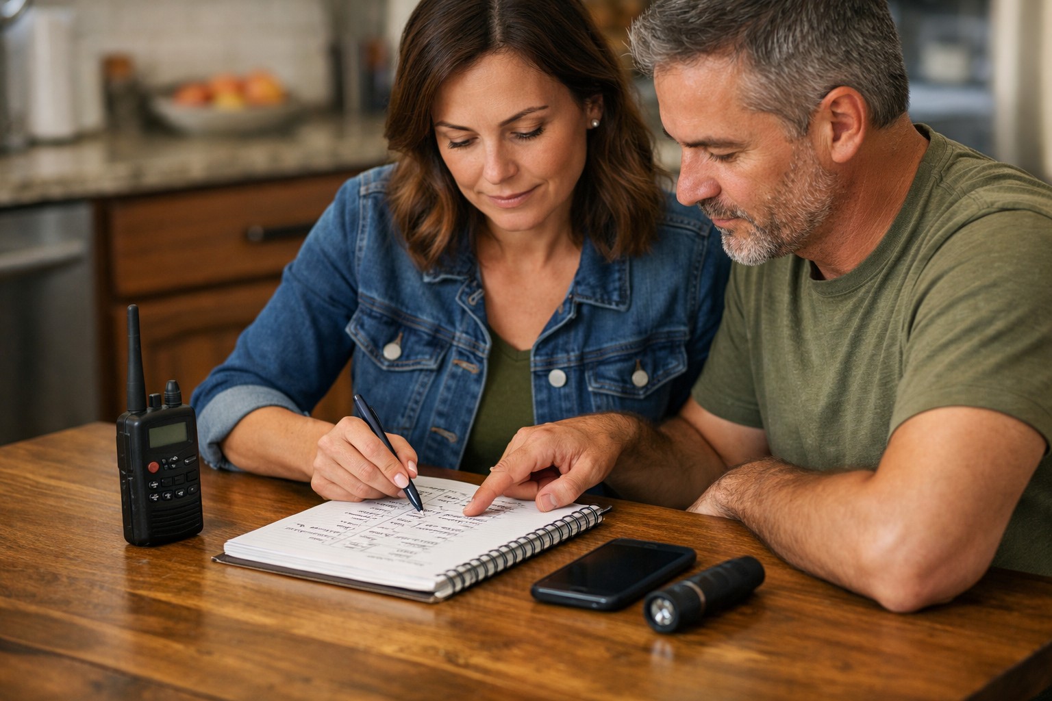 Household members reviewing a communication plan with a two-way radio on the table