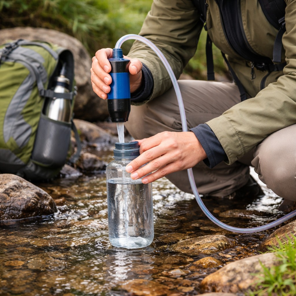 Person using a portable backpack water filter to collect drinking water from a natural stream during emergency situation