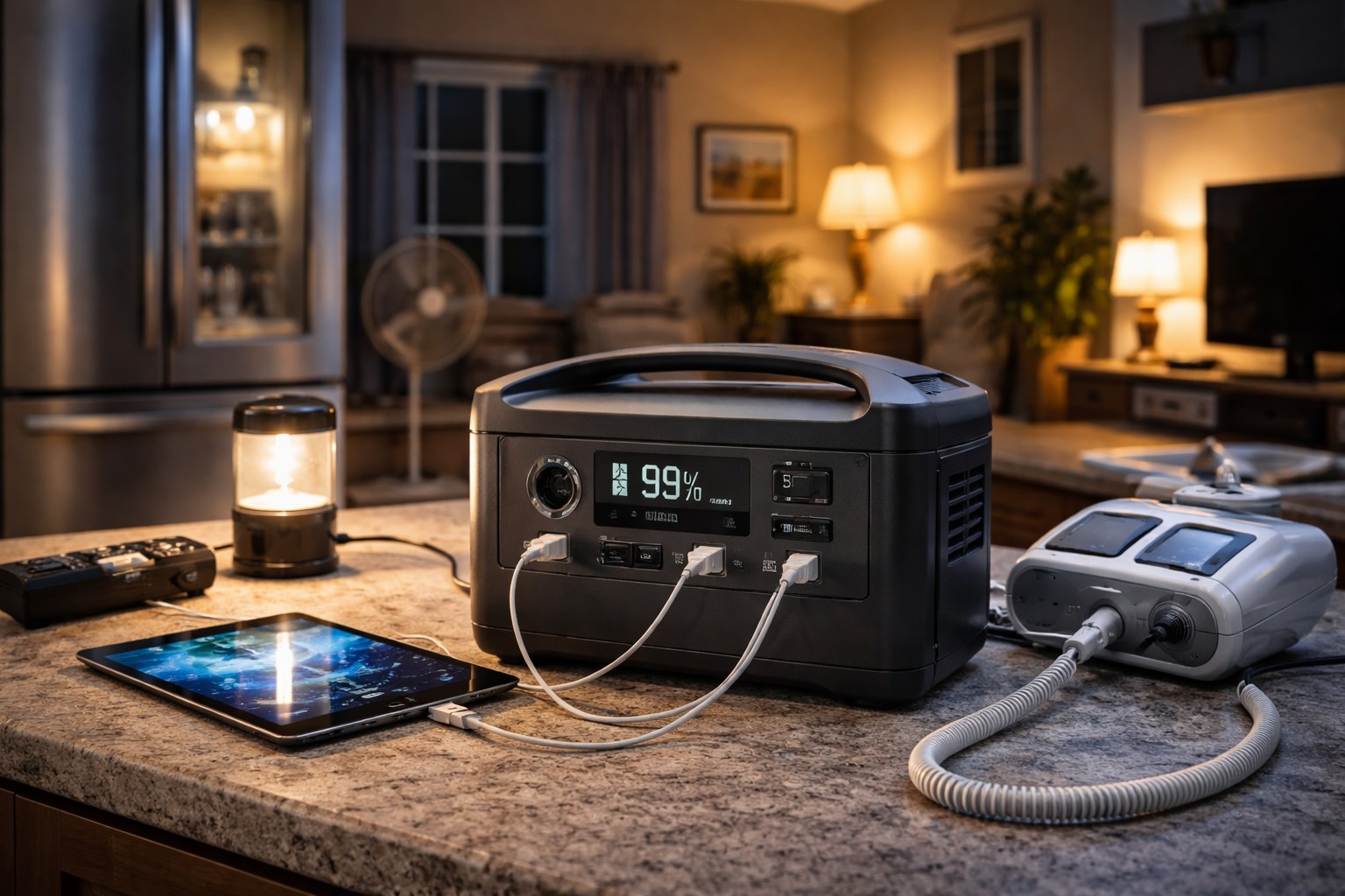 Portable power station powering home devices including tablet, lighting, and medical equipment during a nighttime power outage in a residential kitchen