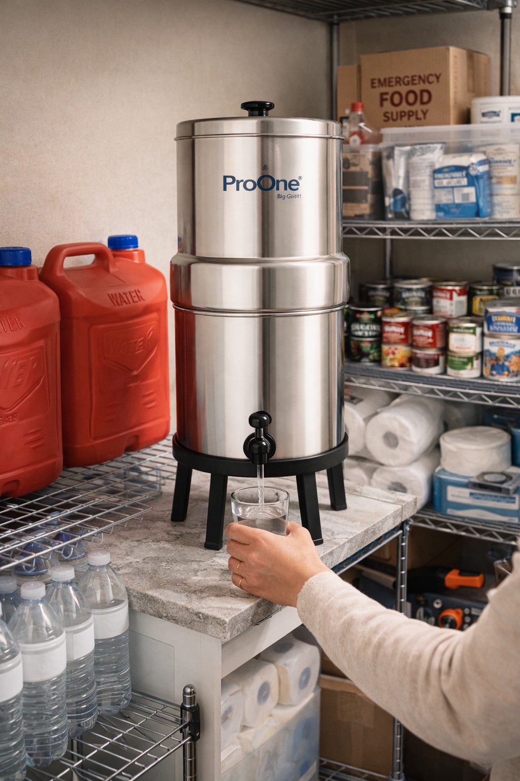 ProOne Big+ gravity-fed water filter system in home preparedness pantry