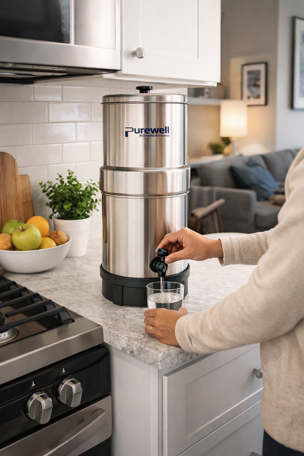 person using Purewell gravity-fed water filter system in apartment kitchen