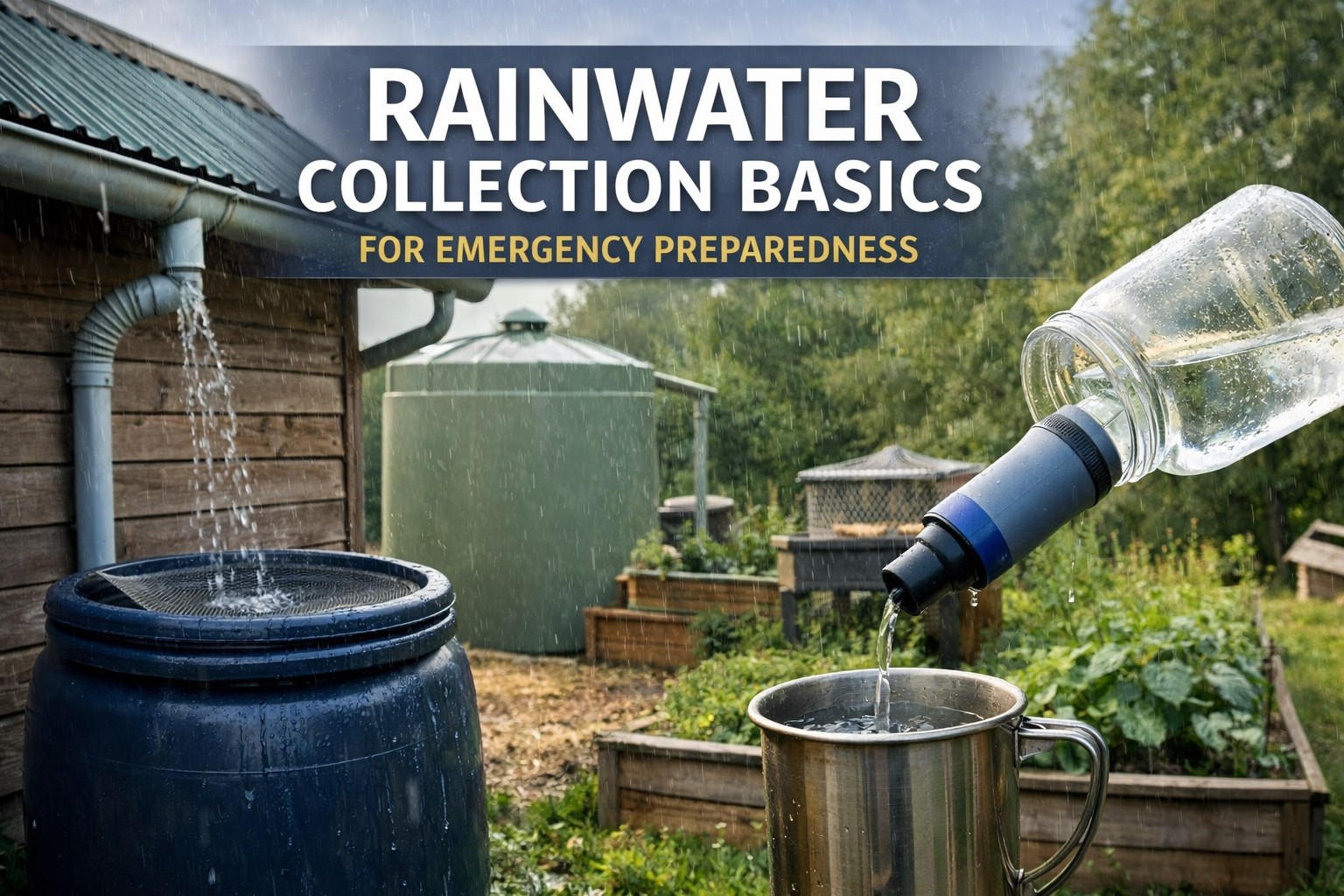 Rainwater collection system with roof gutter directing water into storage barrel in a residential yard setup