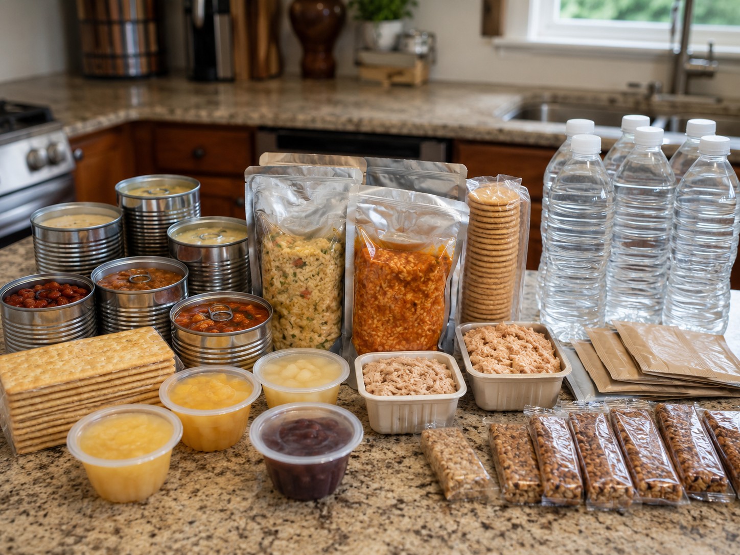 Ready-to-eat emergency meal options arranged on a kitchen counter